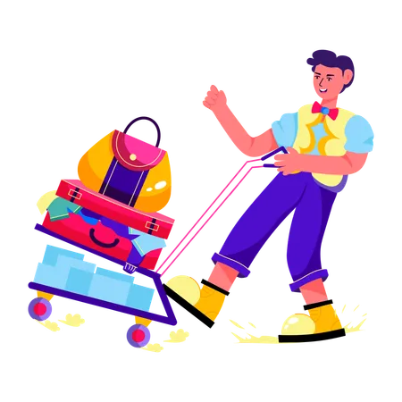 Man pulling Luggage Cart  Illustration