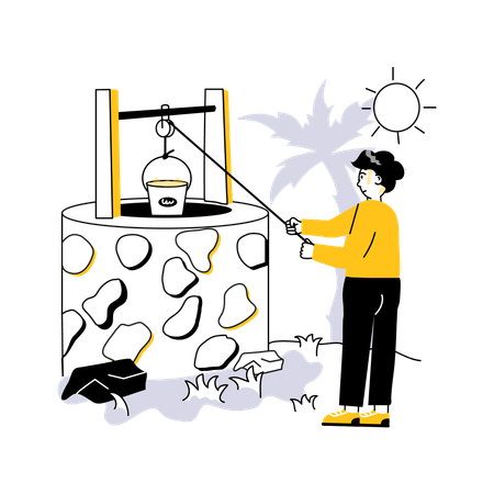 Man Pulling out Water from Well  Illustration