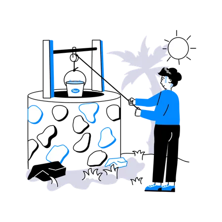 Man Pulling out Water from Well  Illustration