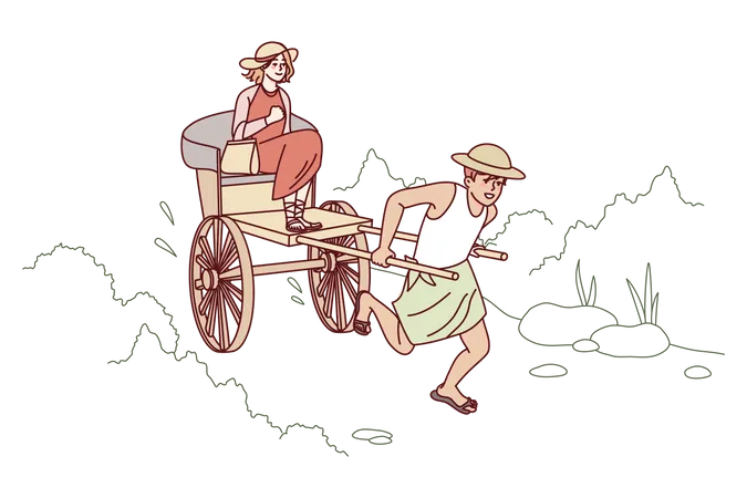 Man pulling rickshaw while girl sitting  Illustration
