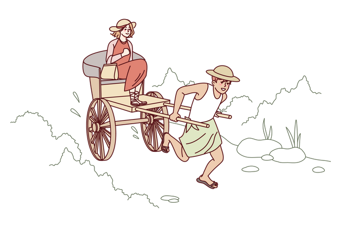 Man pulling rickshaw while girl sitting  Illustration