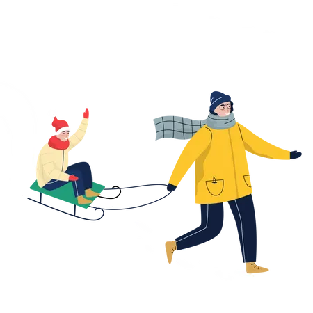 People In Warm Clothes Doing Winter Activities Vector Illustration Of Child Flying Down The Hill On Sled With His Father Outdoor Winter Activity With Family Isolated Vector Illustration Illustration