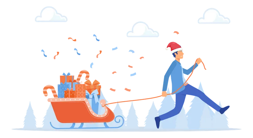 Man pulling surfboard filled with presents for christmas  Illustration