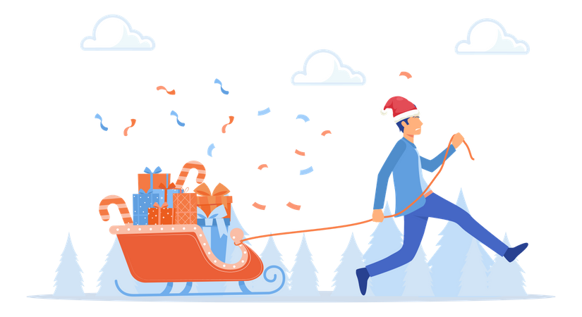 Man pulling surfboard filled with presents for christmas  Illustration