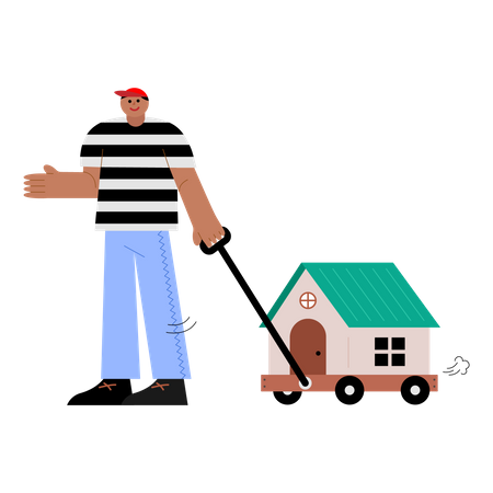 Man pulling wagon with house  Illustration