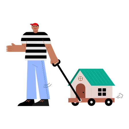 Man Pulling Wagon With House Vector Illustration In Flat Color Design Illustration
