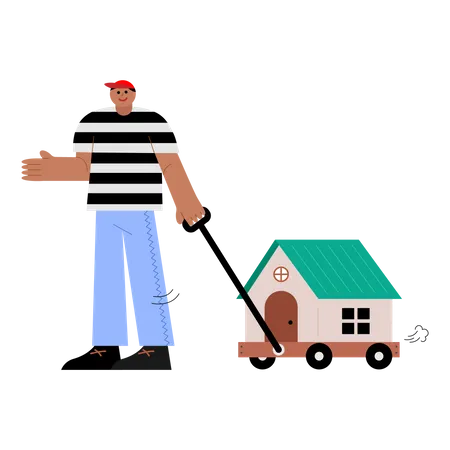 Man pulling wagon with house  Illustration