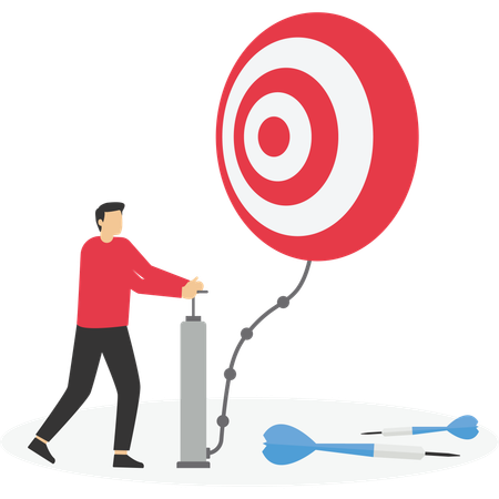 Man pumps up a balloon of a darts shape floats higher  Illustration