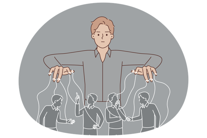 Man puppeteer manipulates people by controlling population with help of threads.  Illustration