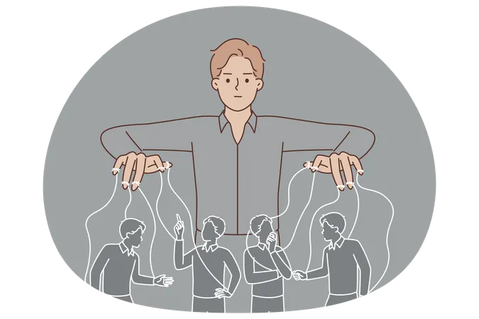 Man puppeteer manipulates people by controlling population with help of threads.  Illustration