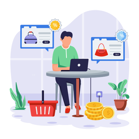 Man purchases bags online  Illustration
