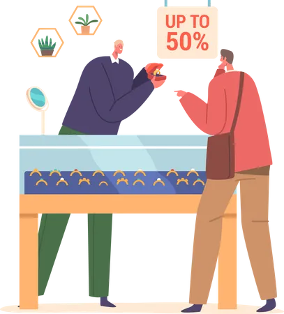 Man Character Purchases A Stunning Diamond Ring From A Jewelry Store Symbolizing Love And Commitment With A Brilliant Gemstone And Exquisite Craftsmanship Cartoon People Vector Illustration イラスト
