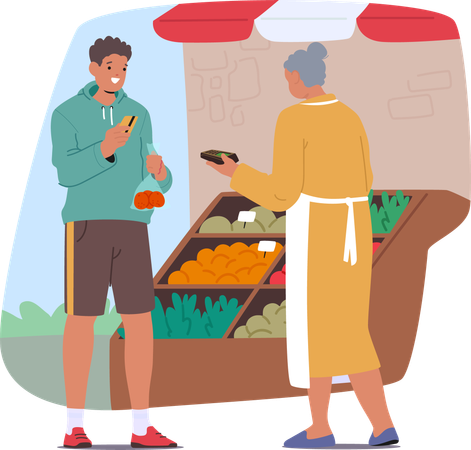 Man Purchases Fresh Produce From  Local Market Vendor  Illustration