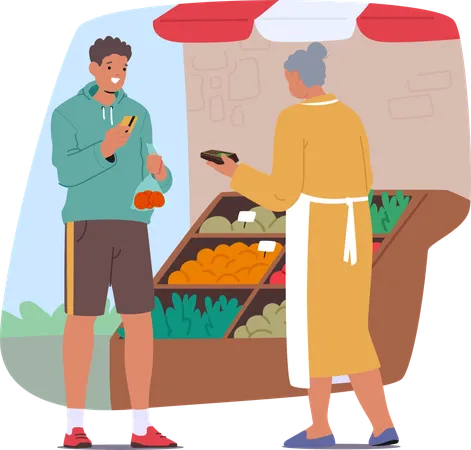 Man Purchases Fresh Produce From  Local Market Vendor  Illustration