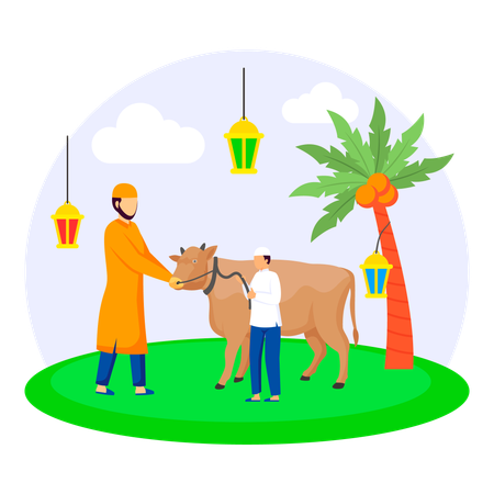 Man Purchasing A Cow And Tending To The Animal  Illustration