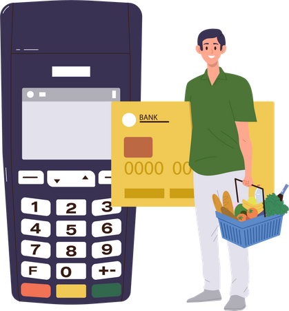 Man purchasing grocery using pos terminal  Illustration