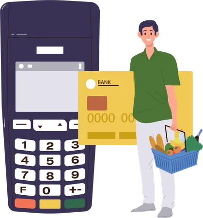 Man purchasing grocery using pos terminal  Illustration