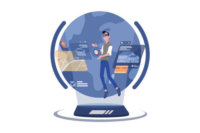 Man purchasing home and car in metaverse  Illustration