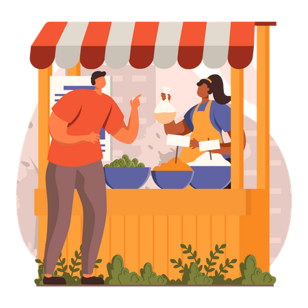 Man purchasing spices from vendor  Illustration