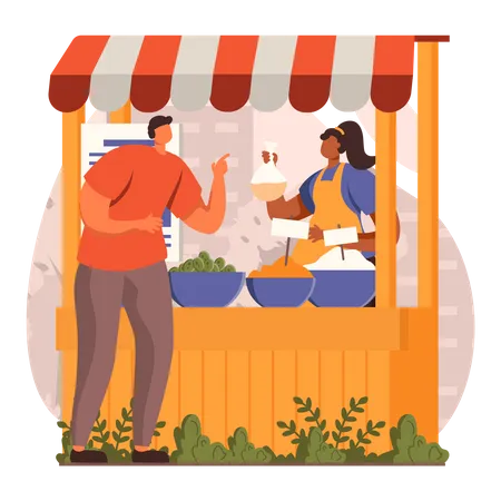 Man purchasing spices from vendor  Illustration