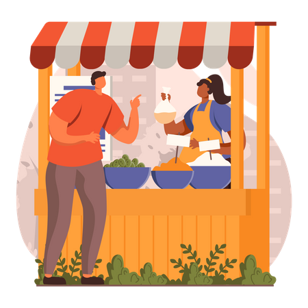 Man purchasing spices from vendor  Illustration