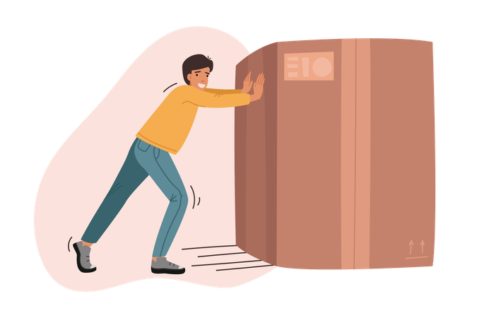 Man pushes heavy box  Illustration