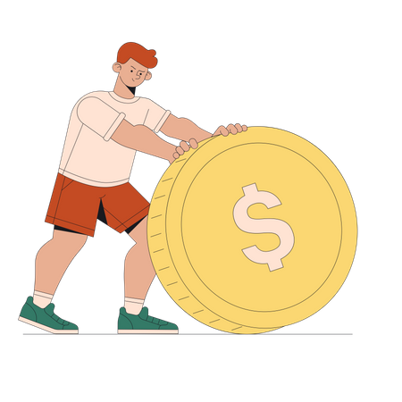 Man pushes large coin  Illustration