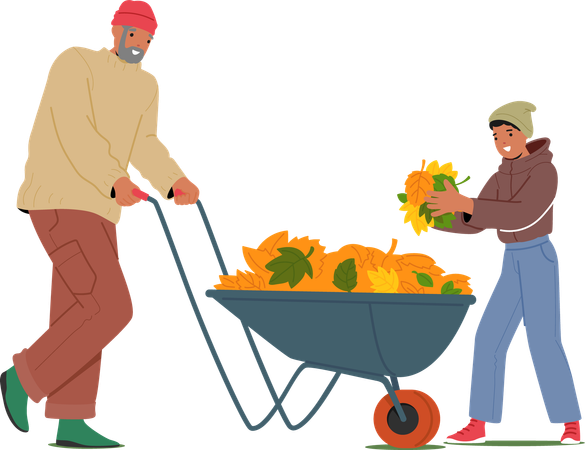 Man Pushes Wheelbarrow Filled With Autumn Leaves While Younger Person Helps Collect And Gather Leaves  Illustration