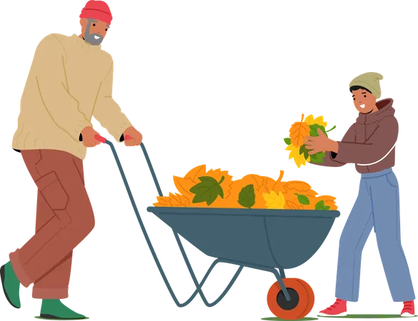 Man Pushes Wheelbarrow Filled With Autumn Leaves While Younger Person Helps Collect And Gather Leaves  Illustration