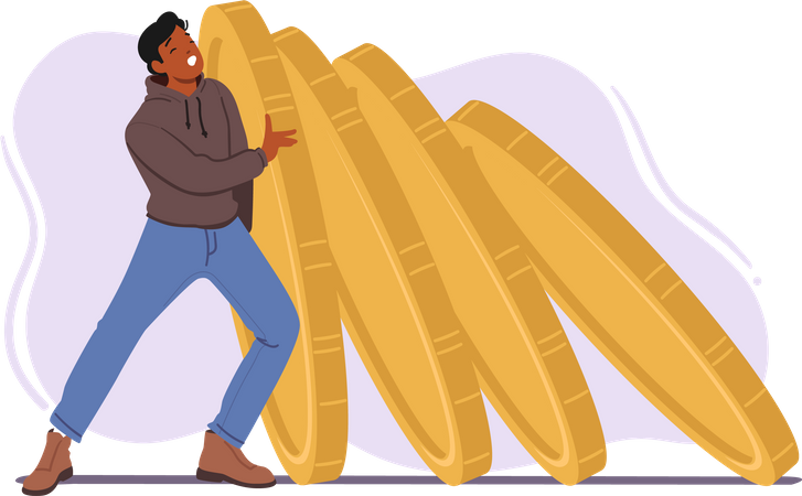 Man Pushing A Row Of Oversized Falling Coins Illustration