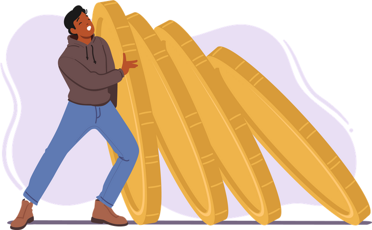 Man Pushing A Row Of Oversized Falling Coins  Illustration