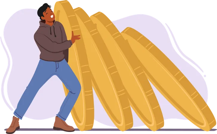 Man Pushing A Row Of Oversized Falling Coins  Illustration