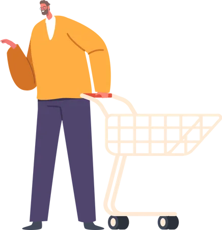 Man Pushing A Shopping Trolley Navigating Through Aisles Male Character Selecting Items For Purchase And Groceries Reflecting A Typical Shopping Experience Cartoon People Vector Illustration Illustration