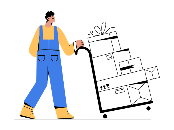 Man pushing delivery trolley  Illustration