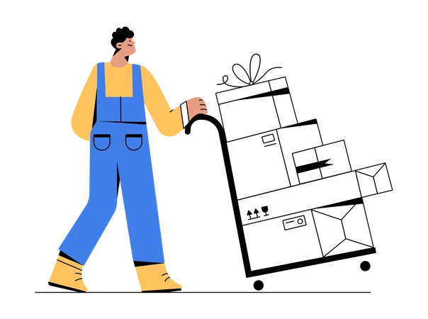 Man pushing delivery trolley  Illustration