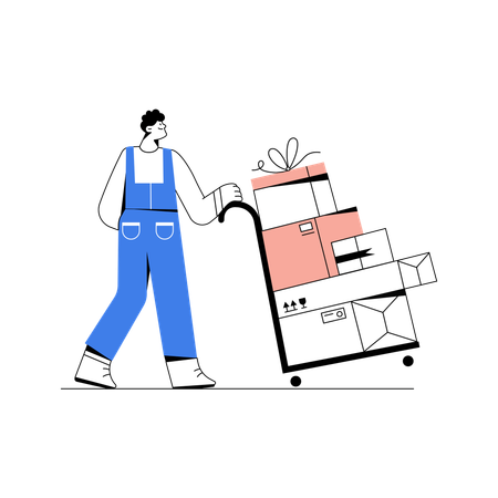 Man pushing delivery trolley  Illustration