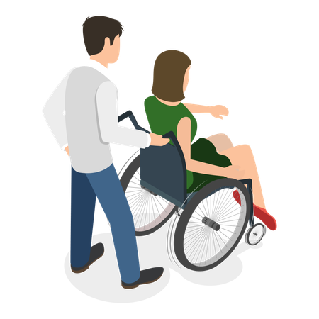 Man pushing disabled woman sitting in wheelchair  Illustration