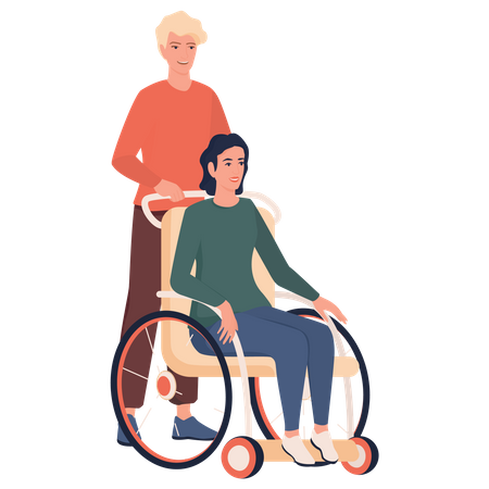 Man pushing disabled woman sitting in wheelchair Illustration