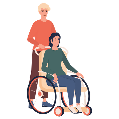 Man pushing disabled woman sitting in wheelchair  Illustration