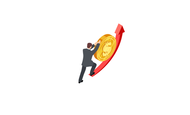 Man pushing dollar coin up  Illustration