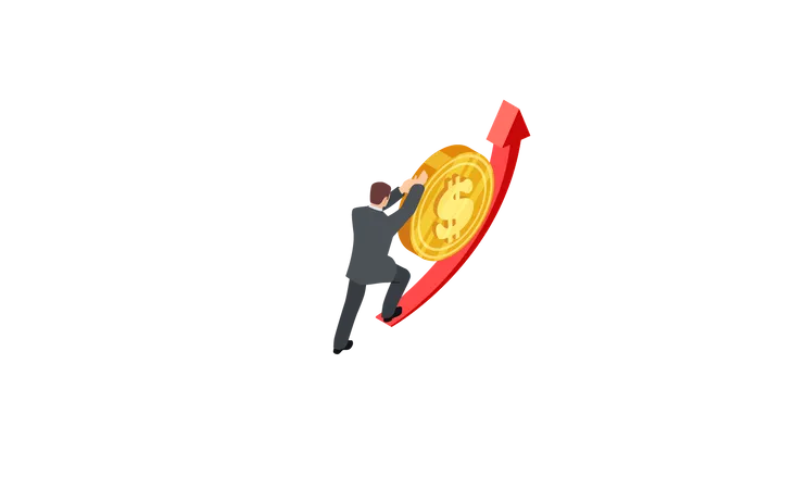 Man pushing dollar coin up  Illustration