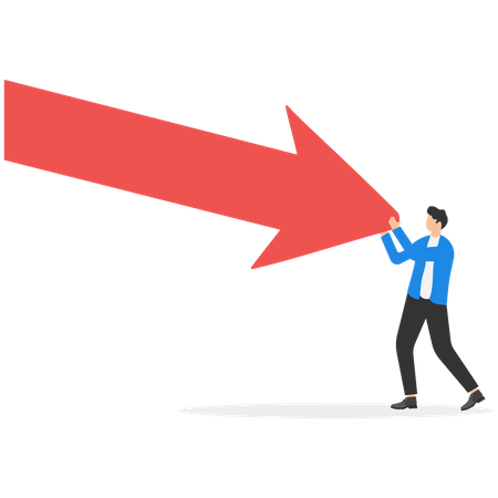 Man pushing falling down arrow with full effort  Illustration