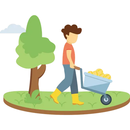 The Boy Is Carrying The Fruit Cart Illustration