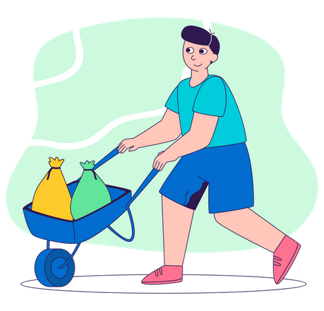 Man pushing garbage bag handcart  Illustration