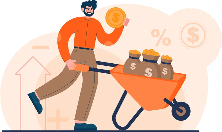 Man pushing money cart  Illustration