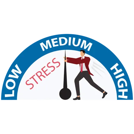 Man pushing needle on stress gauge in red zone  Illustration