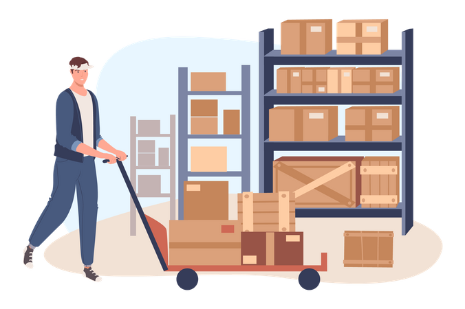 Man pushing parcel trolley  Illustration