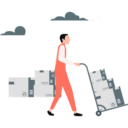 Man pushing parcel trolley  Illustration