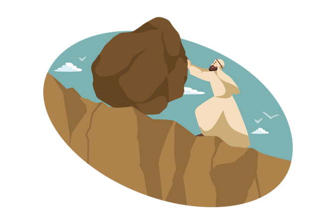 Man pushing rock stone on montain  Illustration