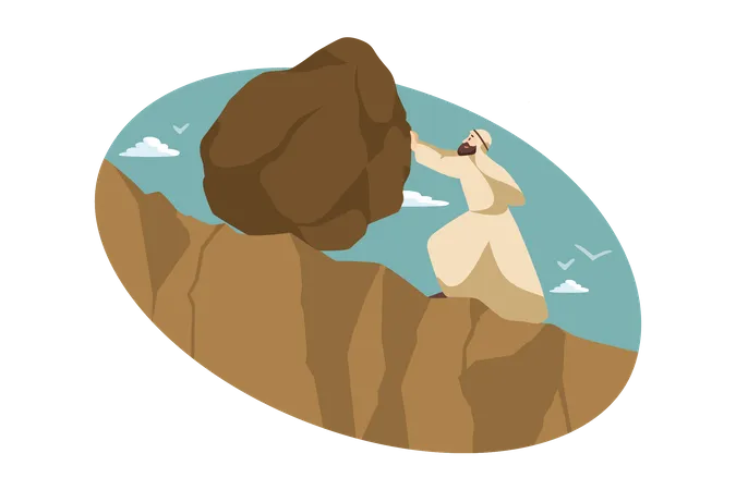 Man pushing rock stone on montain  Illustration